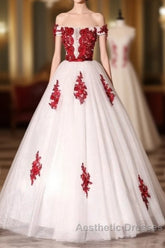 White Tulle Scoop Long Formal Dresses With Red Lace, Lovely Red Formal Dresses Evening Prom Dresses